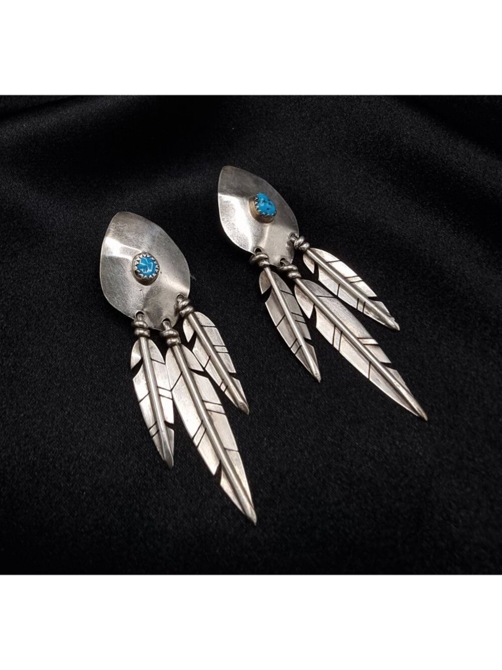 Vintage Sterling Silver Feather Dangle Earrings With Turquoise